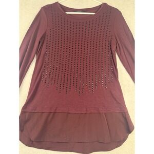APT. 9 Burgundy Studded Long Sleeve Top Womens Size Small Layered Hem